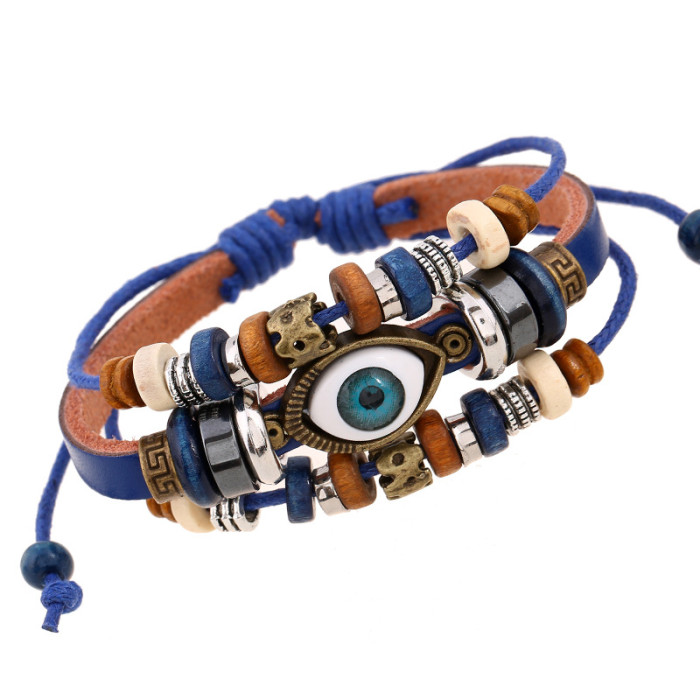Cross-Border Trendy Jewelry New Beaded Eye Cowhide Bracelet Adjustable Pull Couple Leather Bracelet European and American Jewelry
