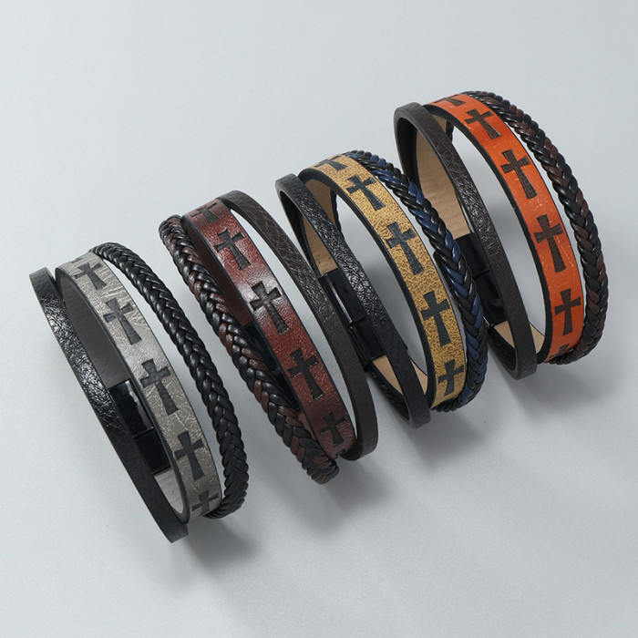 Cross-Border Hot Selling Multi-Layer Hand-Woven PU Leather Cross Bracelet European and American Men's Leather Rope Magnetic Clasp Bracelet Bangle