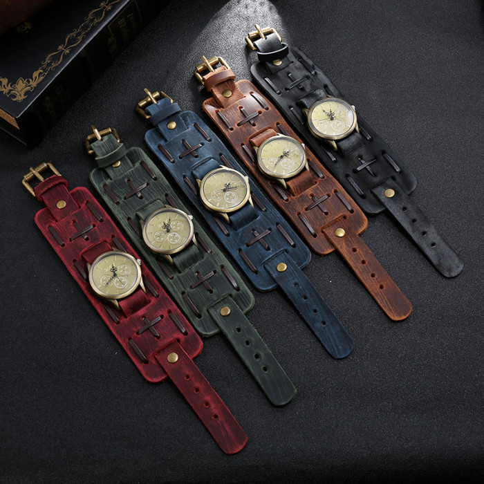 Hot-Selling Vintage Woven Leather Bracelet Watch Wide Punk Men's Watch Bracelet
