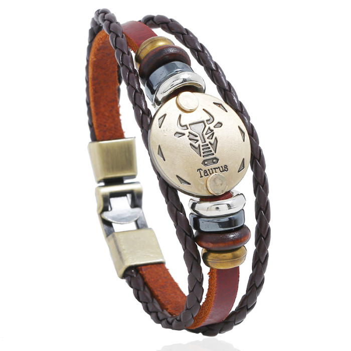 Punk New 12 Zodiac Leather Bracelet Style Handmade Woven Beaded Vintage Leather Bracelet