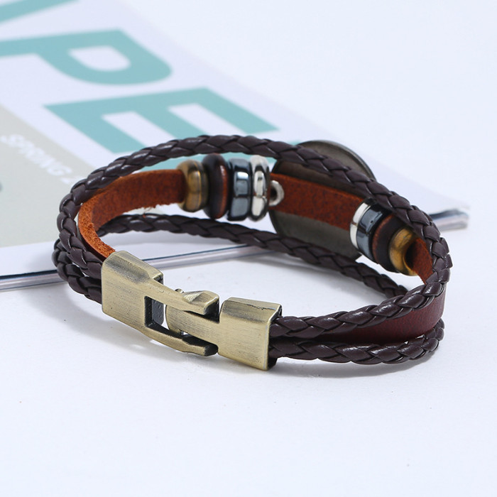 Punk New 12 Zodiac Leather Bracelet Style Handmade Woven Beaded Vintage Leather Bracelet