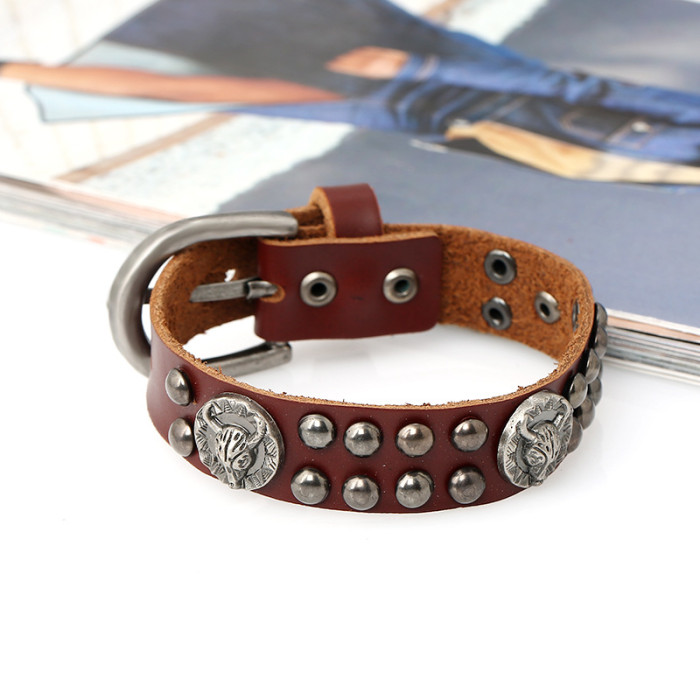 Punk Factory Direct Sale Export Jewelry Retro Punk Leather Bracelet Rivet Genuine Leather Bracelet