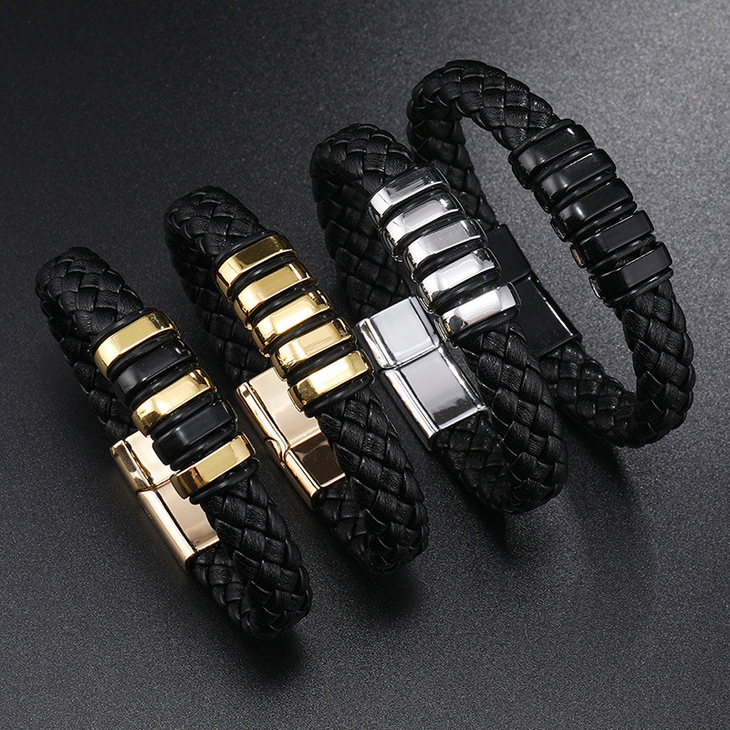 Cross-Border Hot Sale Men's Multi-Layer Leather Braided Bracelet Simple Alloy Magnet Clasp European and American Hip-Hop Bracelet
