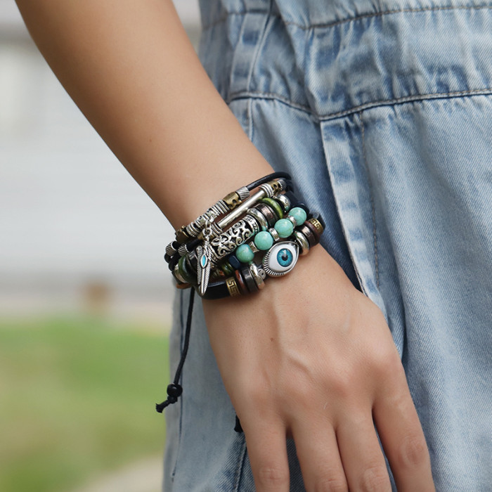 Hot-Selling Jewelry New Multi-Layer Beaded Blue Eye Cowhide Bracelet Adjustable Trendy Hand Accessories