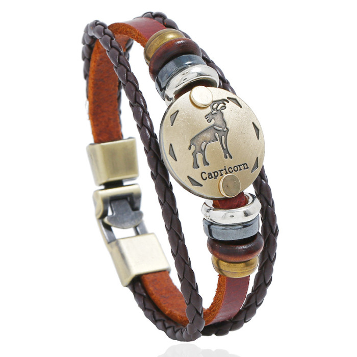 Punk New 12 Zodiac Leather Bracelet Style Handmade Woven Beaded Vintage Leather Bracelet