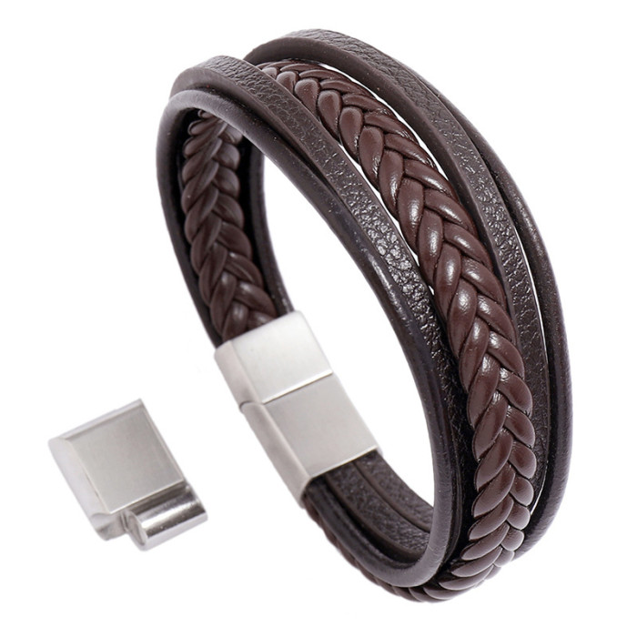 European and American Cross-Border Jewelry Stainless Steel Magnet Clasp Men's Leather Bracelet Creative Multi-Layer Simple Woven Leather Bracelet