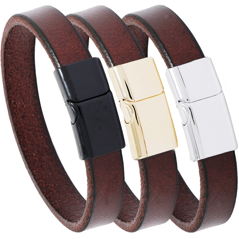 Brown Artistic Unisex Casual Multi-color Alloy Magnet Clasp Smooth Forest Style Simple Cowhide Bracelet Vintage Wristband