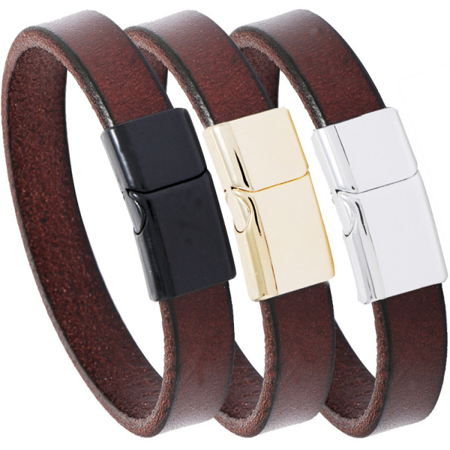 Brown Artistic Unisex Casual Multi-color Alloy Magnet Clasp Smooth Forest Style Simple Cowhide Bracelet Vintage Wristband