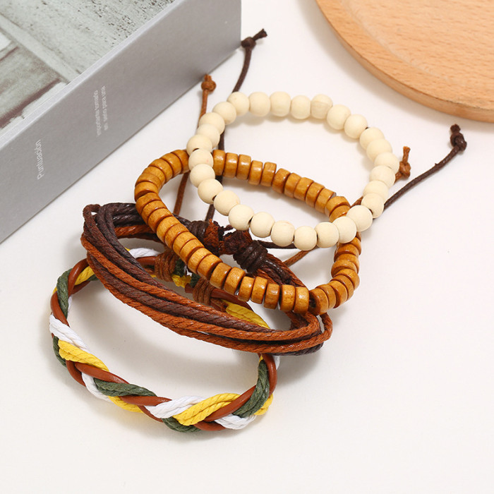Factory Direct Sales Internet Celebrity Bracelet Retro Handmade Woven DIY Four-Piece Set Cowhide Bracelet Simple Hemp...