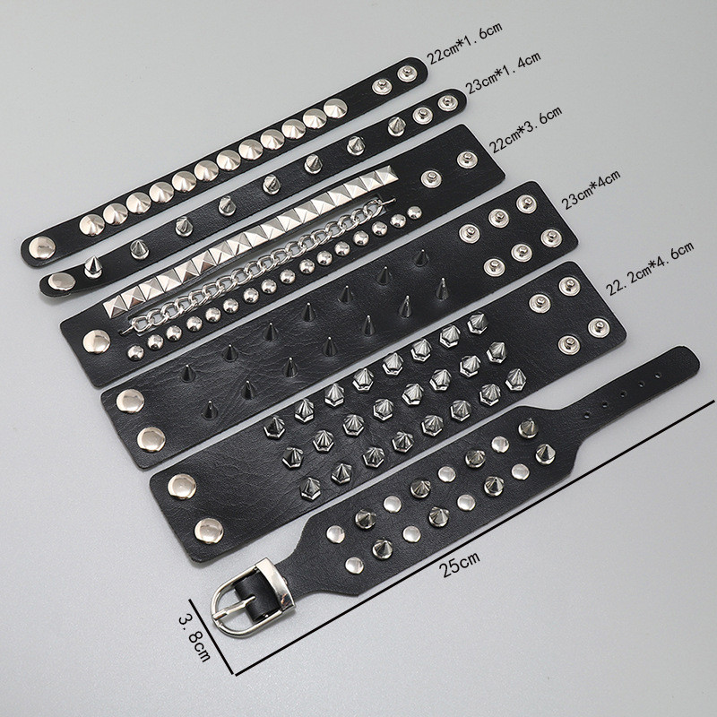 European and American Punk Style Spike Leather Bracelet DIY 6-Piece Set Bracelets Personality Trend Street Rock Bracelets