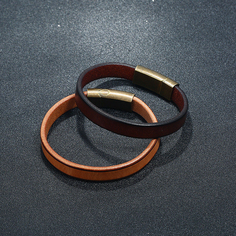 European and American Fashion Trendy Men's Bracelet Simple Versatile Men's Leather Bracelet Smooth Personalized Engraving Stainless Steel Bracelet