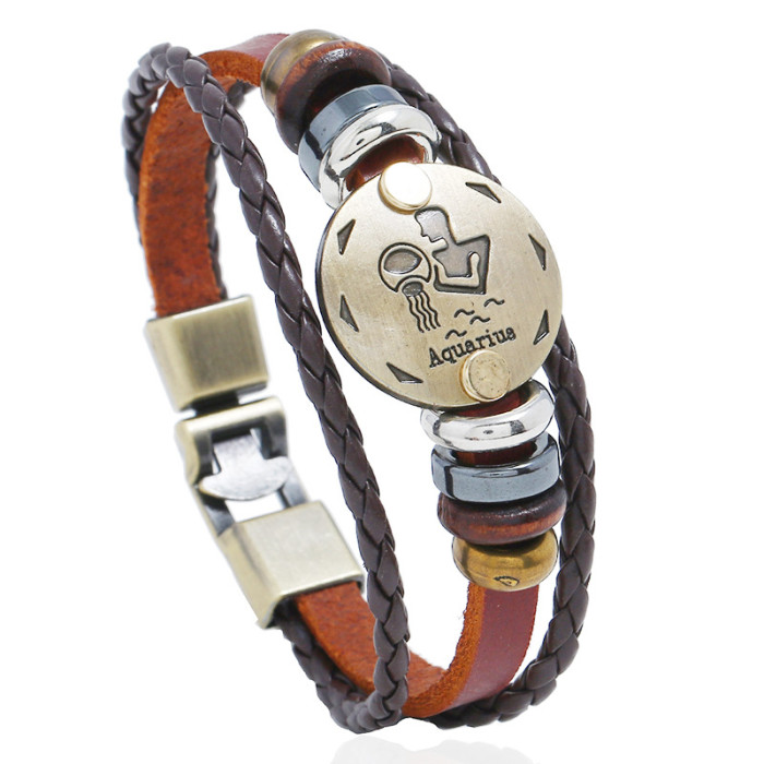 Punk New 12 Zodiac Leather Bracelet Style Handmade Woven Beaded Vintage Leather Bracelet