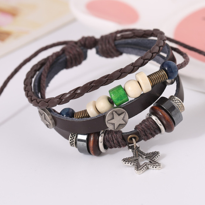 Low Price Promotion Alloy Five-Pointed Star Pendant Genuine Leather Bracelet Wholesale Beaded Cowhide Bracelet Welcom...