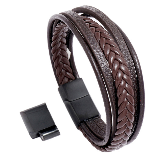 European and American Cross-Border Jewelry Stainless Steel Magnet Clasp Men's Leather Bracelet Creative Multi-Layer Simple Woven Leather Bracelet