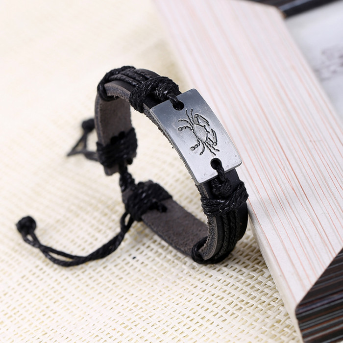 Black Leather 12 Zodiac Genuine Leather Bracelet Birthday Gift One of Each of the 12 Zodiacs Cowhide Bracelet