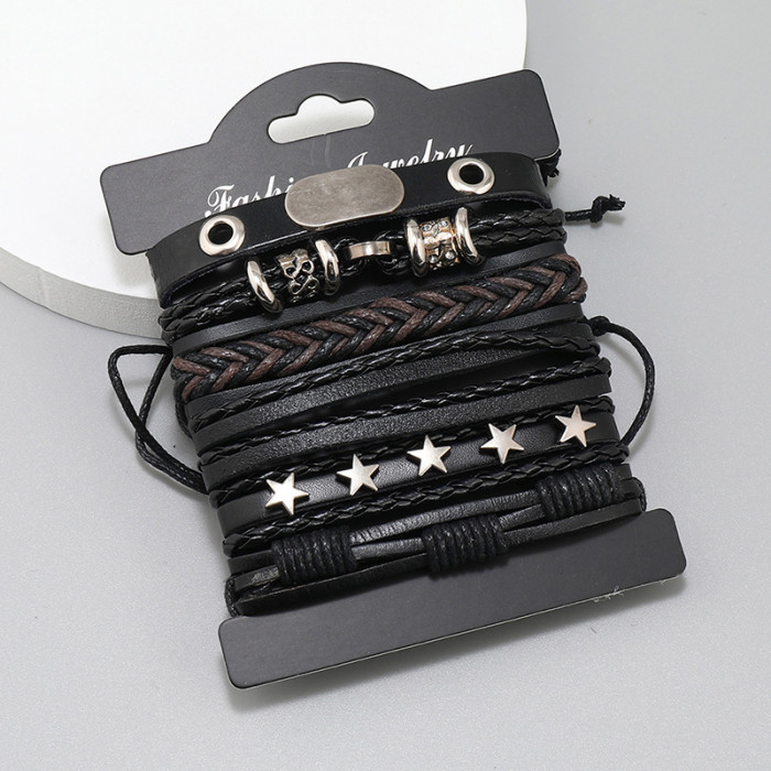 Minimalist Handmade Woven Leather Bracelet DIY 5-Piece Set Combination Adjustable Pull Bracelet Men's Jewelry Bracelet
