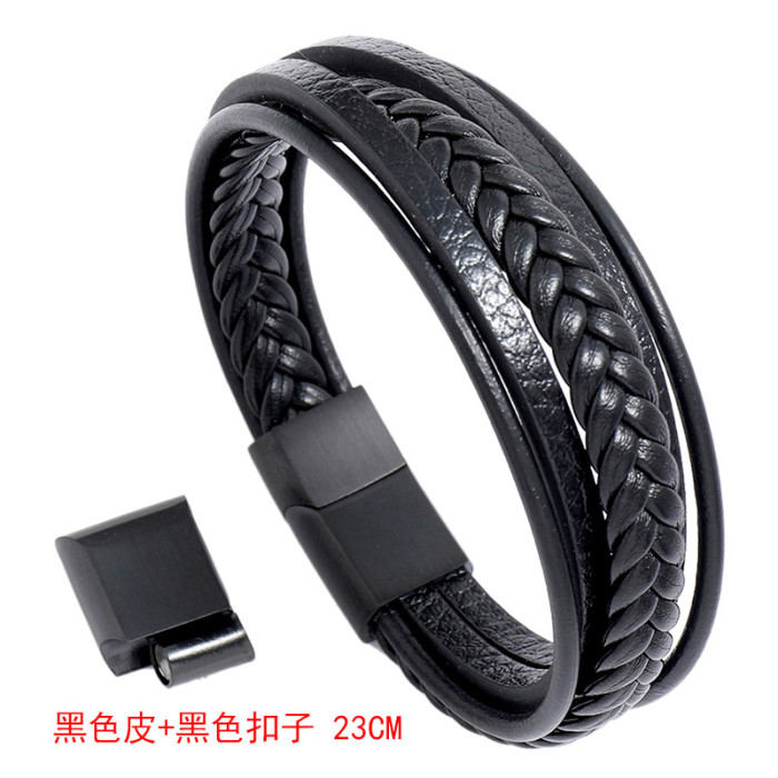 European and American Cross-Border Jewelry Stainless Steel Magnet Clasp Men's Leather Bracelet Creative Multi-Layer Simple Woven Leather Bracelet