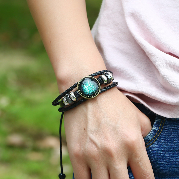 European and American Zodiac Bracelet Handmade Woven Beaded Vintage Cowhide Zodiac Bracelet Cross-Border Source Jewelry