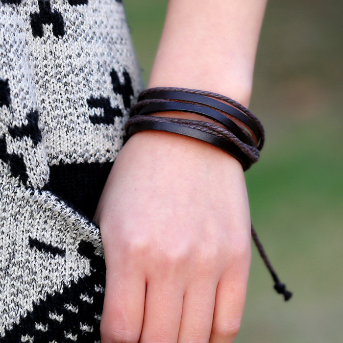 AliExpress Cross-Border Woven Leather Bracelet Hand Rope Promotional Gift Jewelry Vintage Hemp Rope Multi-Layer Genuine Leather Bracelet