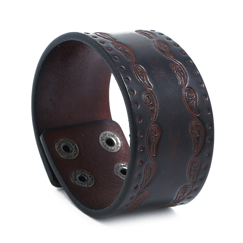 European and American Cross-Border Punk Retro Cowhide Bracelet Foreign Trade Versatile Simple Embossed Genuine Leather Bracelet Yiwu Jewelry Wholesale