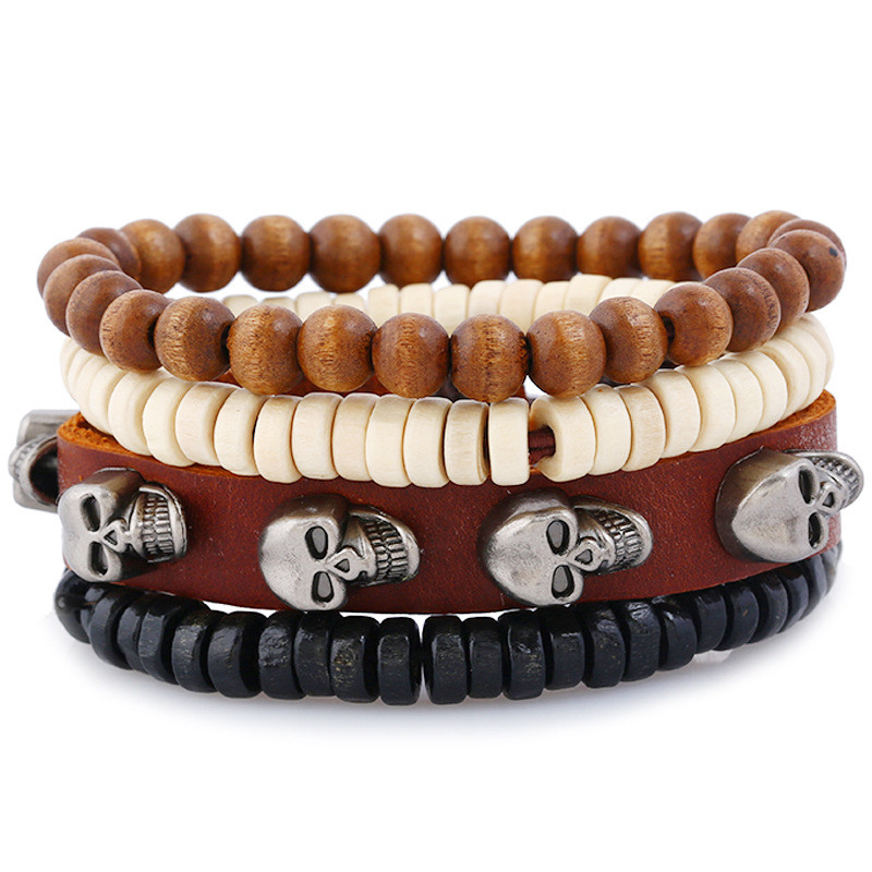 Factory Direct Sale European and American Style Simple Retro Woven Leather Bracelet Alloy Skull Genuine Leather Bracelet Multi-layer Set