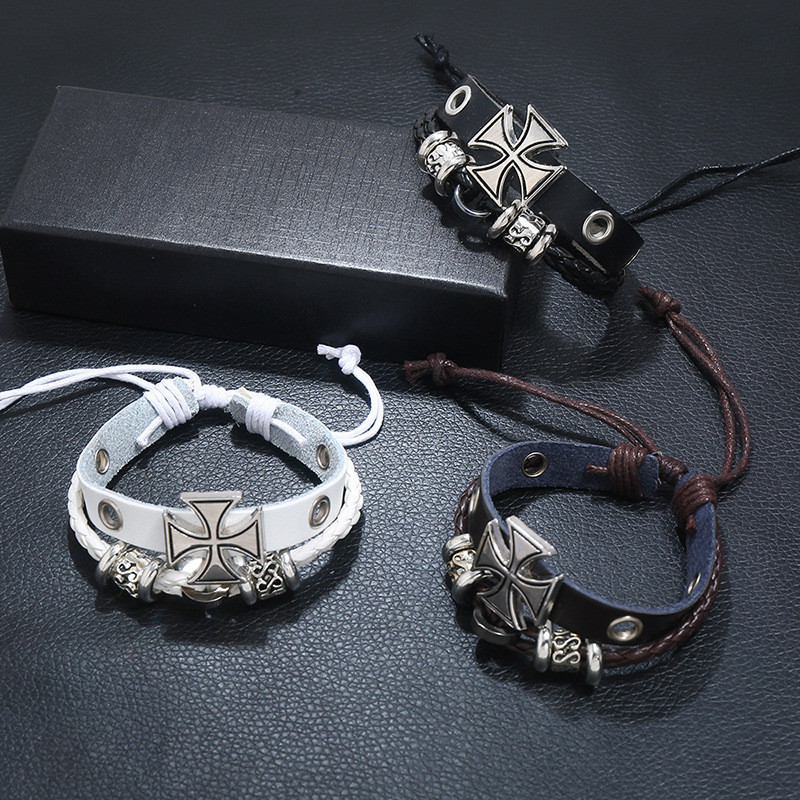 Cross-Border European and American Style Jewelry Personality Retro Beaded Leather Bracelet Simple Pull Adjustment Unisex Bracelet Wholesale