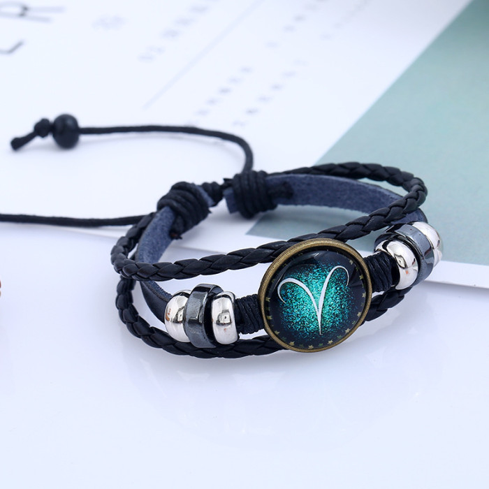 European and American Zodiac Bracelet Handmade Woven Beaded Vintage Cowhide Zodiac Bracelet Cross-Border Source Jewelry