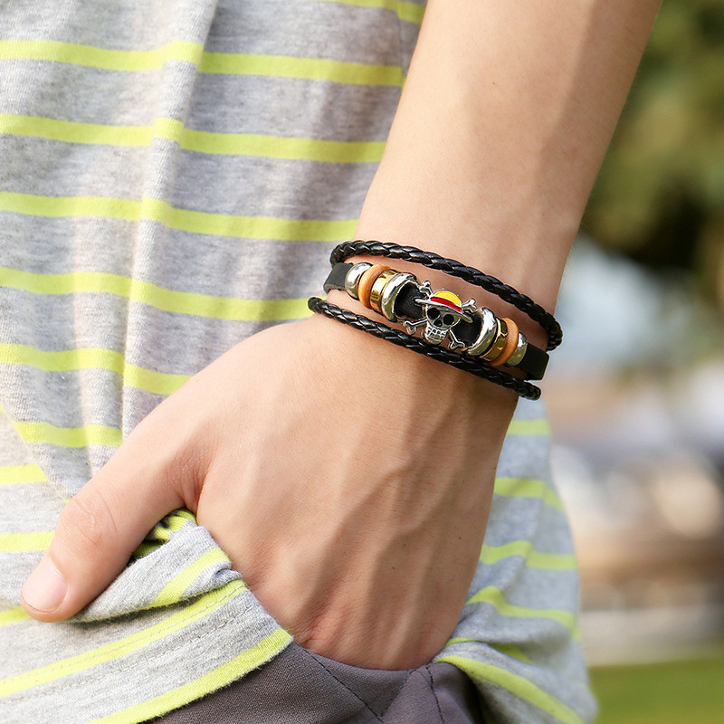 Punk Factory Direct Sale Punk Braided Leather Bracelet Simple Multi-layer Ghost Head Buckle Bracelet Cross-border Stable Supply