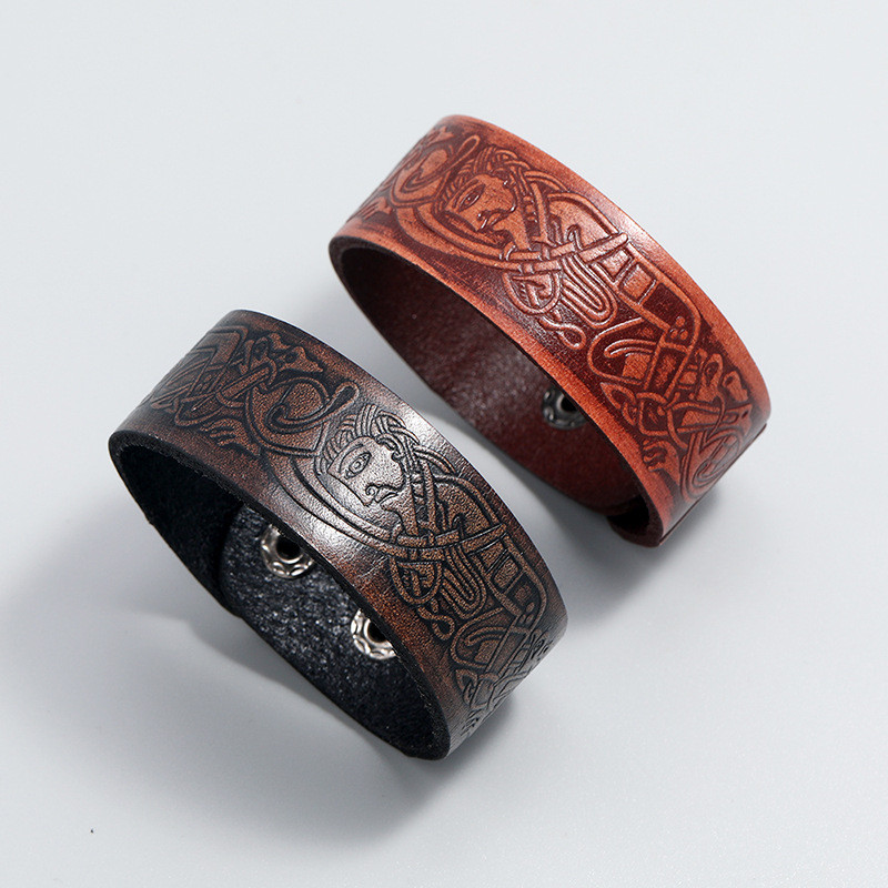 Minimalist New Style Embossed Pattern Vintage Leather Bracelet European and American Style Personality Men's Jewelry Creative Trendy Hand Accessories