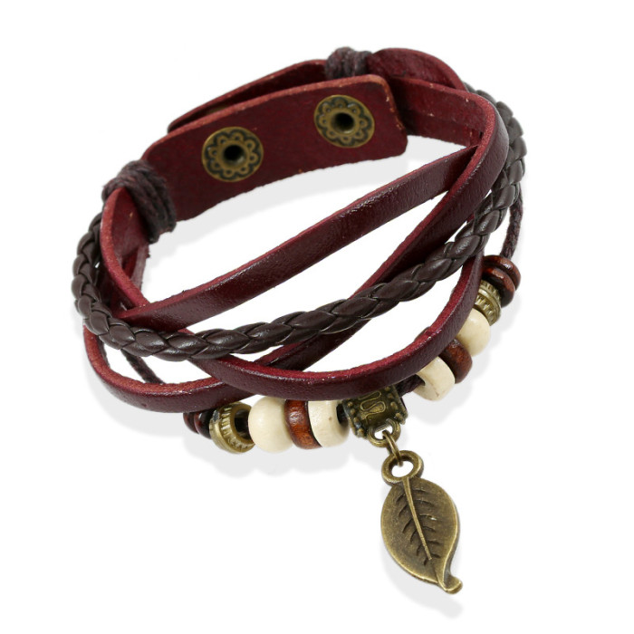 Punk New Style Woven Vintage Leaf Pendant Leather Bracelet Watch Strap Student Accessories Korean Version Personalize...