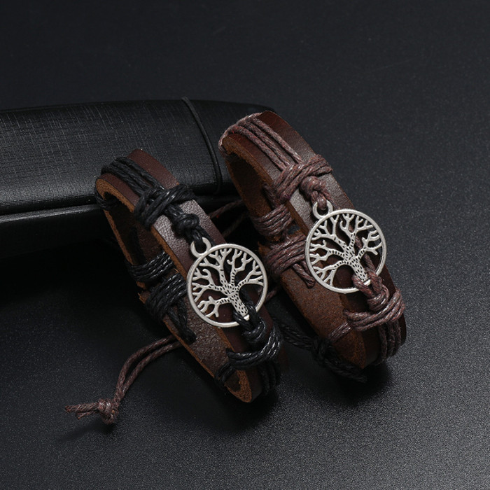 New Jewelry Personalized Woven Tree of Life Leather Bracelet Vintage Jewelry Creative Pull Rope Bracelet