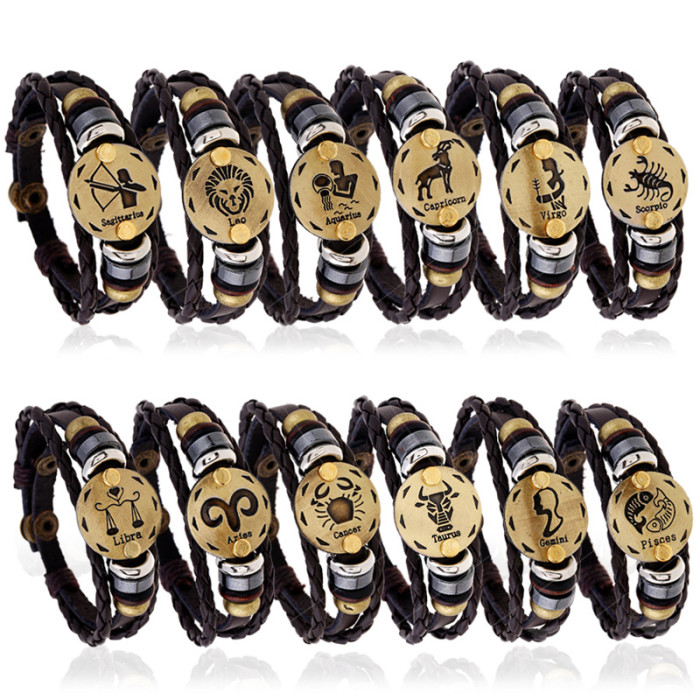 Jewelry Beaded 12 Zodiac Leather Bracelet Personalized Birthday Gift Adjustable Trendy Leather Wristband