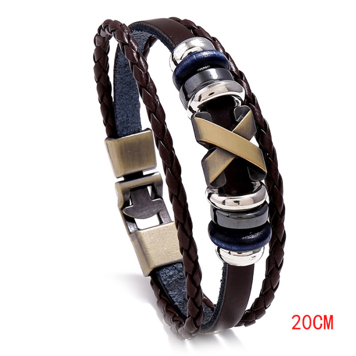Cross-Border Jewelry Wholesale Simple Beaded Cowhide Bracelet Personality Versatile X-Stud Unisex Hand Accessories Trendy Leather Bracelet
