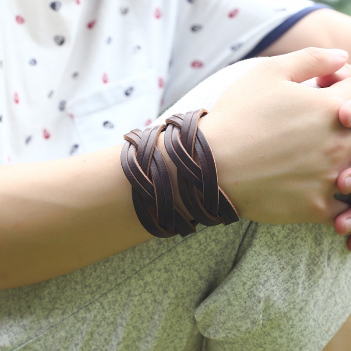 European and American Punk Retro Men's Wide Leather Bracelet AliExpress Stable Supply Handmade Woven Genuine Leather Bracelet