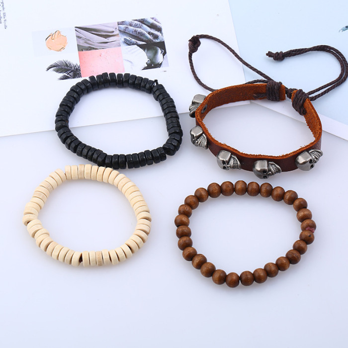 Factory Direct Sale European and American Style Simple Retro Woven Leather Bracelet Alloy Skull Genuine Leather Bracelet Multi-layer Set