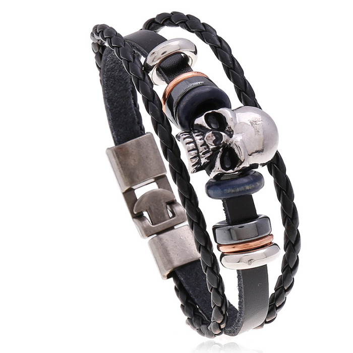 Factory Direct Small Accessories Hot Selling New Style Beaded Skull Leather Bracelet Yiwu Small Commodities