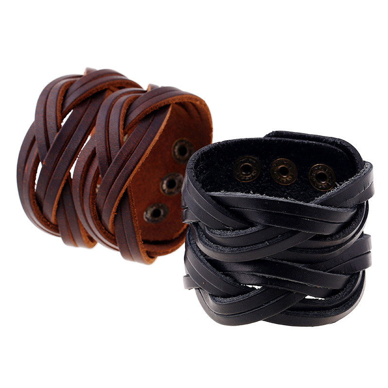 European and American Punk Retro Men's Wide Leather Bracelet AliExpress Stable Supply Handmade Woven Genuine Leather Bracelet