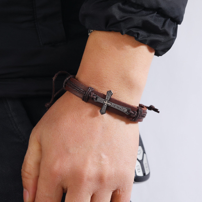 Trendy Fashion Jewelry Personality Handmade Woven Leather Bracelet Simple Pull Adjustment Retro Leather Wristband