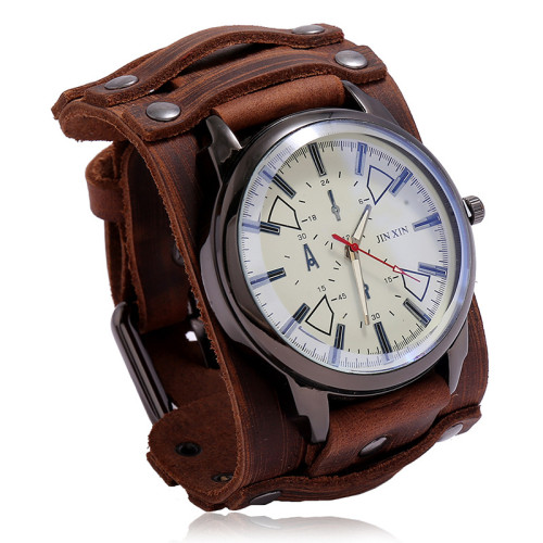 Cross-Border New Accessories Manufacturer Supply Retro Cowhide Watch Personalized Adjustable Punk Men's Leather Bracelet
