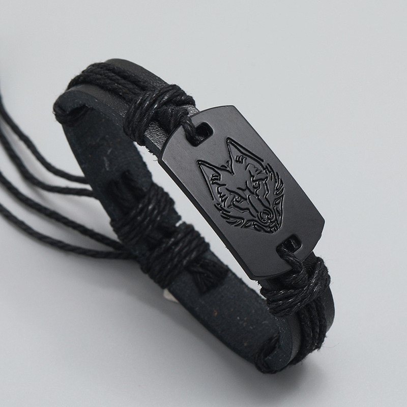 European and American Punk Style Men's Leather Bracelet Black Wolf Head Bracelet Multi-layer Braided Leather Rope Gift for Boyfriend