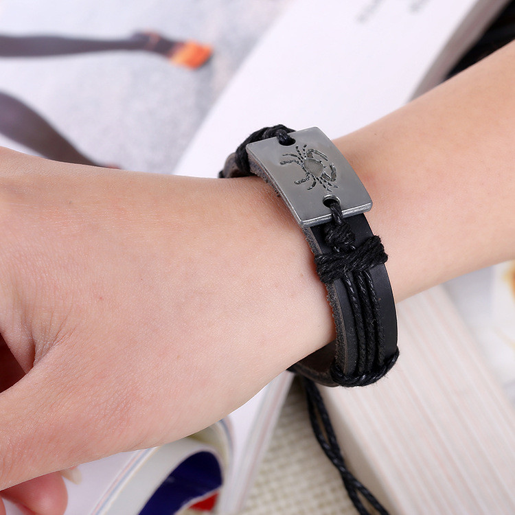 Black Leather 12 Zodiac Genuine Leather Bracelet Birthday Gift One of Each of the 12 Zodiacs Cowhide Bracelet