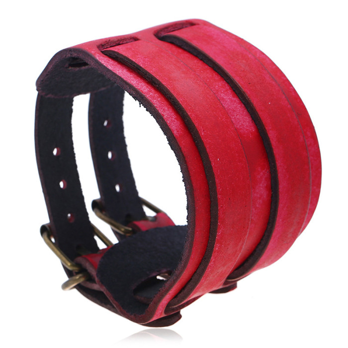 Punk Factory Direct Sale Retro Genuine Leather Bracelet European and American Wide Leather Double Buckle Unisex Bracelet Cross-Border Punk Cowhide Bracelet