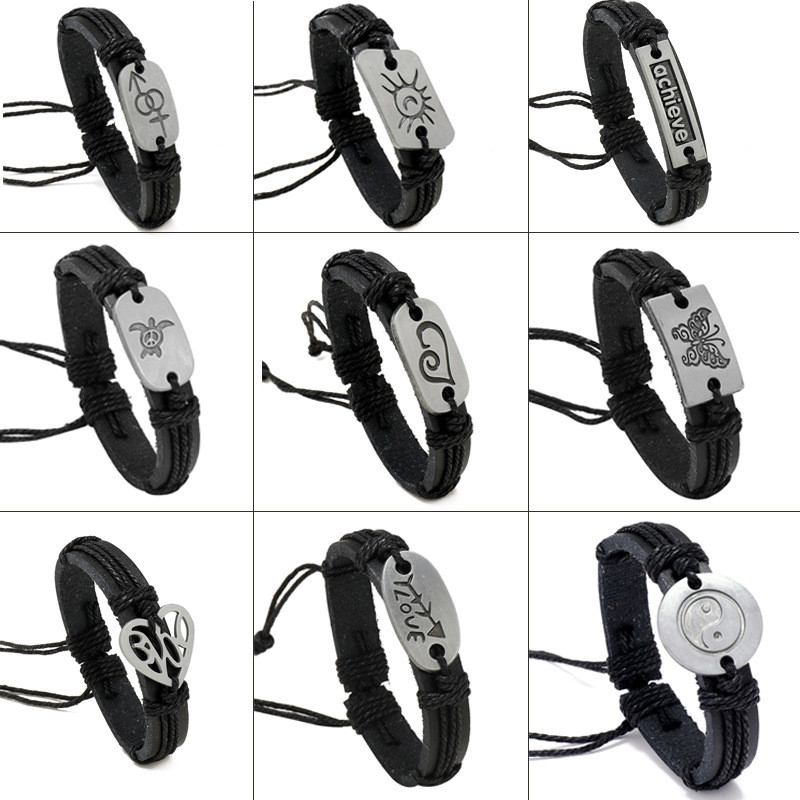 European and American Trendy Jewelry Personalized Handmade Woven Black Leather Bracelet Simple Multiple Patterns Men's Bracelet Jewelry