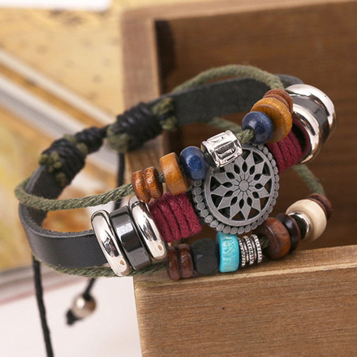 Vintage Personality Cowhide Bracelet Fashionable Versatile Beaded Genuine Leather Bracelet New Bracelet Manufacturer...