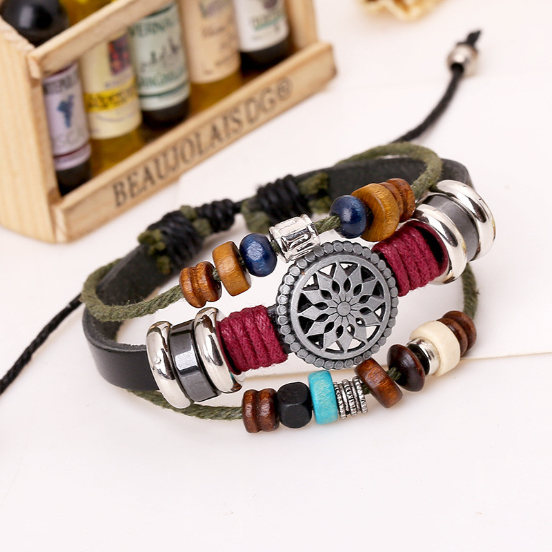 Vintage Personality Cowhide Bracelet Fashionable Versatile Beaded Genuine Leather Bracelet New Bracelet Manufacturer Supply