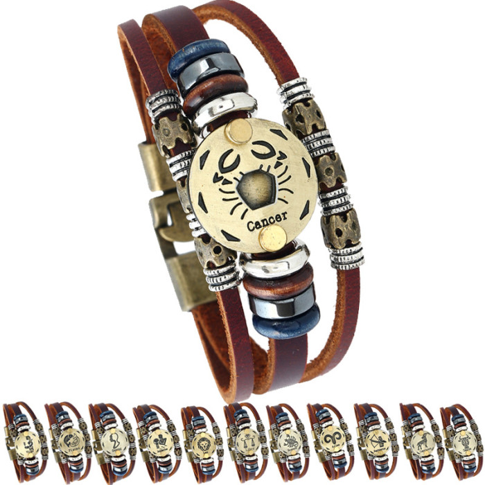 Manufacturer Wholesale Alloy Beaded 12 Zodiac Leather Bracelet Simple European and American Style Creative Birthday Gift