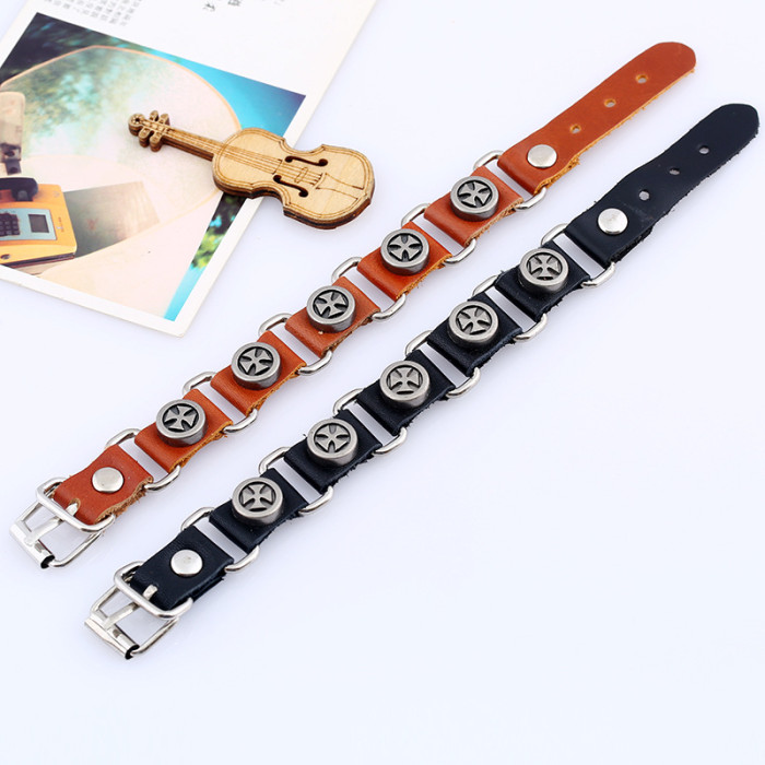 E-commerce Jewelry Source Manufacturer European and American Punk Style Connected Leather Bracelet Personality Trendy Cross Men's Bracelet
