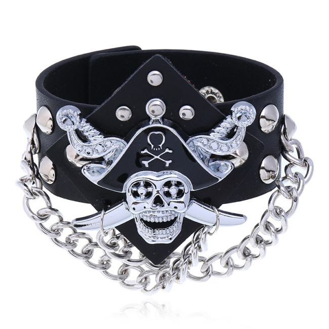 Style Exaggerated Punk Non-mainstream Skull Leather Bracelet Pirate Ghost Head Chain Wide Leather Bracelet Wristband,...
