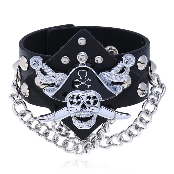 Style Exaggerated Punk Non-mainstream Skull Leather Bracelet Pirate Ghost Head Chain Wide Leather Bracelet Wristband,...