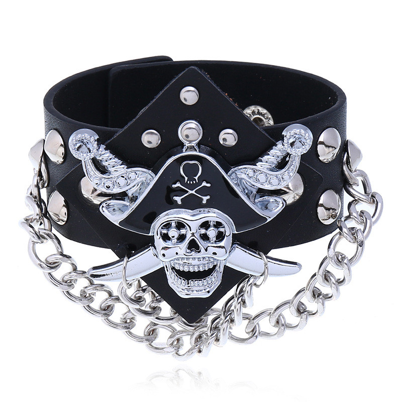 European and American Style Exaggerated Punk Non-mainstream Skull Leather Bracelet Pirate Ghost Head Chain Wide Leather Bracelet Wristband